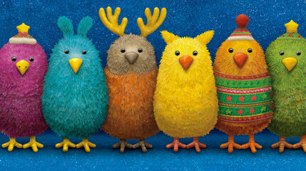 Colorful cartoon birds dressed in festive attire in a cheerful winter scene