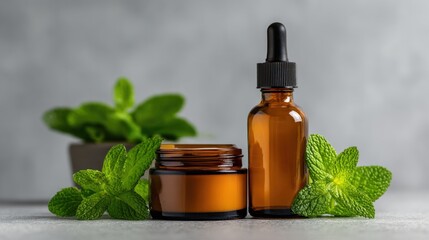 Two amber glass containers, one with a dropper, sit beside fresh mint leaves. The arrangement suggests a focus on natural ingredients for self-care in a light and calming environment