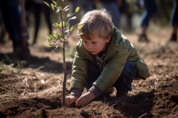Young boy planting a small tree sapling in the earth.