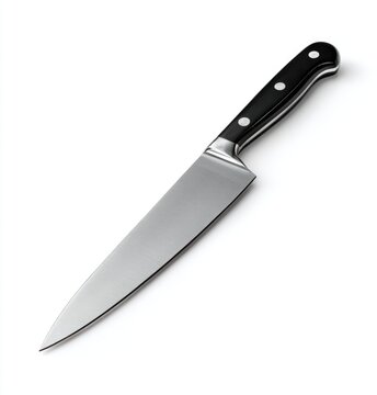 Sleek chef's knife with a long, polished stainless steel blade and a black, riveted handle, angled against a white background