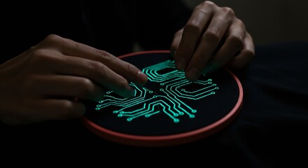 Detailed close up of hands embroidering glowing circuit designs on black fabric combining handmade craftsmanship with cyberpunk style appealing to technology fashion niche