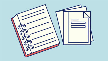 Open notebook and stack of papers pages lined