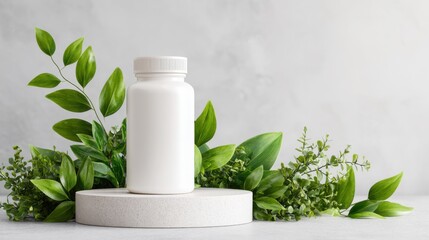 A simple white bottle rests on a gray circular pedestal surrounded by vibrant green foliage, symbolizing natural health and wellness. The setting is clean and peaceful