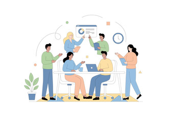 An illustration centered on teamwork in a corporate setting. Five colleagues are holding a focused business meeting around a table.