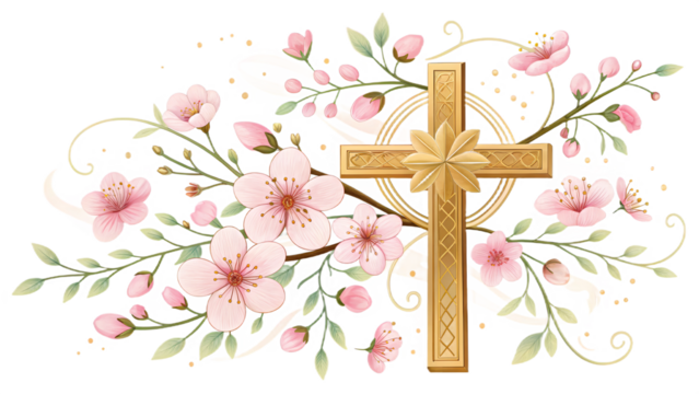 Golden Cross PNG – Religious Easter Symbol Entwined with Cherry Blossoms Transparent Background