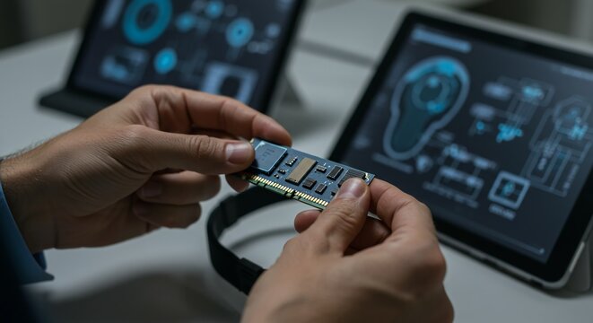 Hands formatting and inserting memory chips into neural headbands with tablet digital schematics background designed for advanced cognitive neuroscience applications