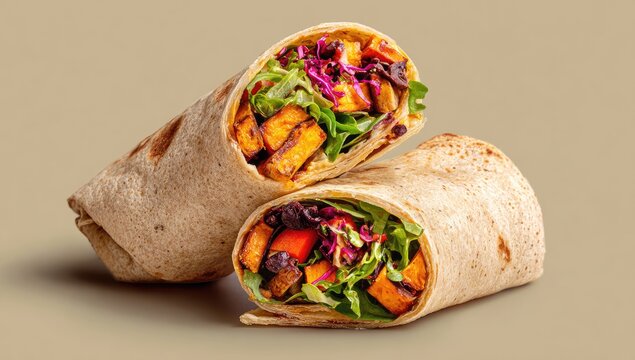 Two halved wheat wraps filled with roasted sweet potatoes, black beans, red cabbage, and lettuce, displayed against a muted brown background