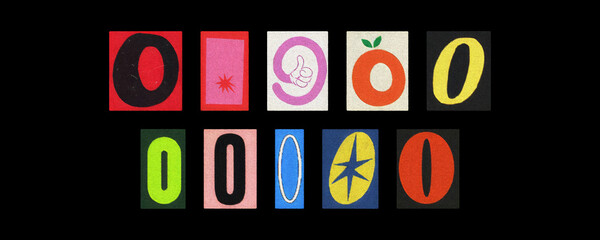 Vintage and modern letter O tiles collection, magazine collage on black
