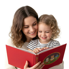 a mother and daughter reading a book on white background