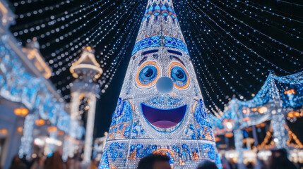 Festive light display featuring a large cheerful character in a decorated outdoor area during a winter celebration
