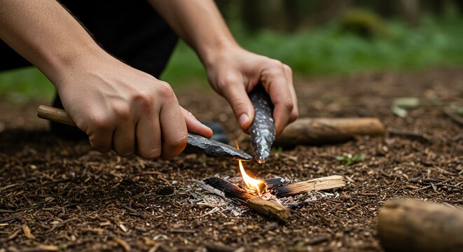 Close up of hands performing ancient fire starting ritual using traditional flint stone tools on wood shavings in wilderness evoking primal survival skills and cultural heritage