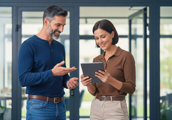 Collaborative Tablet Moment: Two professionals engage in a focused discussion while reviewing information on a tablet within a modern, light-filled office setting.