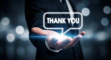 Businessman holding hand with thank you text in speech bubble over it