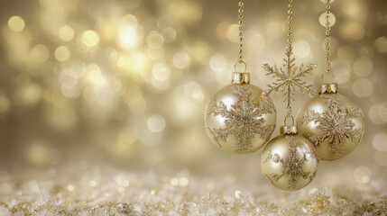 Beautiful golden Christmas ornaments sparkling against a festive blurred background
