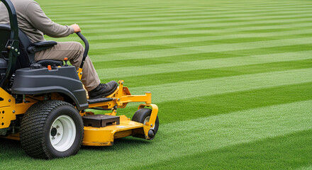 Precision Mowing: A person skillfully operates a yellow lawnmower across a perfectly manicured lawn. Demonstrating meticulous care.