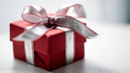 A festive red gift box adorned with a silver ribbon bow, perfect for holiday celebrations and special occasions,
