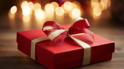 A beautifully wrapped gift box with a red ribbon bow sits elegantly against a festive backdrop of soft bokeh lights,