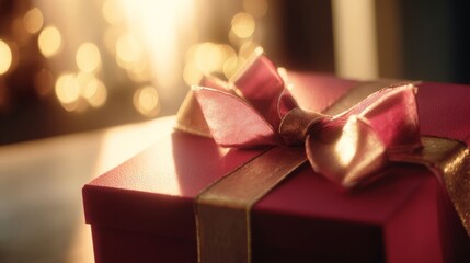 A festive red gift box adorned with golden ribbon and pink bow, bathed in warm golden light,