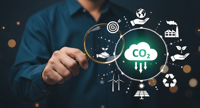 Man using magnifying glass to examine co2 cloud icon and environment icons