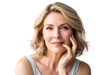 Radiant Grace: A sophisticated, middle-aged woman radiates natural beauty with a gentle touch on her face, captured in a studio setting, portrait style.