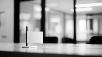 A white signboard on a metal stand sits on a desk in a modern office,