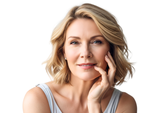 Radiant Grace: A sophisticated, middle-aged woman radiates natural beauty with a gentle touch on her face, captured in a studio setting, portrait style.