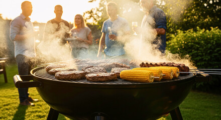 Summer Gathering BBQ: A lively outdoor gathering, filled with the tantalizing aroma of a sizzling barbecue. Friends and family come together to enjoy grilled food and a sunny day.