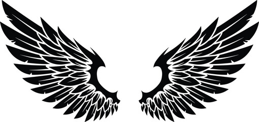 Spreading Black Angel Wings Vector Illustration, Detailed Feathered Design with Eagle Head Details, Great for Tattoo Art, Gaming Logos, and Gothic Graphics