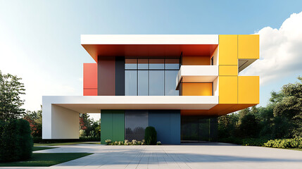 A modern house with a flat roof and a grid of windows and colored panels,