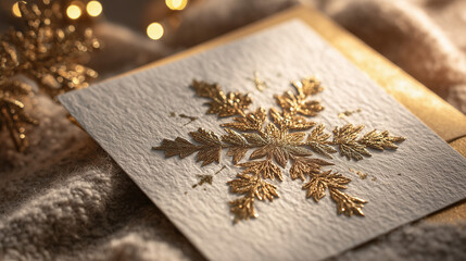 Elegant golden snowflake greeting card on soft fabric background  