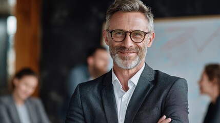 Fototapeta premium smiling confident mature businessman leader looking at camera standing in office at team meeting male corporate leader ceo executive manager wearing glasses posing for business portrait arms folded n