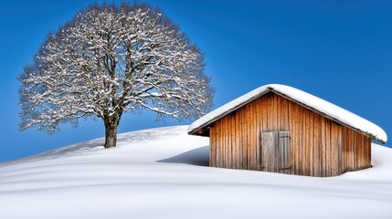 Snowy Landscape Featuring a Wooden Hut and Tree Against a Bright Blue Sky