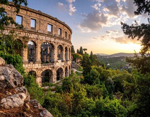 Fototapeta premium Ancient Stone Amphitheater at Sunset