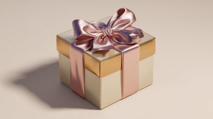 Obraz premium beautifully wrapped gift box with satin ribbon bow sits elegantly on neutral background casting soft shadows luxurious presentation evokes sense of anticipation and celebration