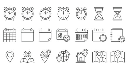 Time and Location Icon Set – Clocks Calendars Maps and Navigation Symbols