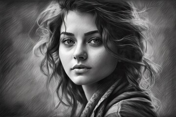 A striking black and white charcoal-like portrait of a young woman with captivating eyes and windswept hair.
