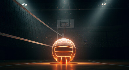 A glowing volleyball illuminates a darkened sports court, highlighting the net and basketball hoop in a dynamic arena atmosphere, capturing the essence of night games