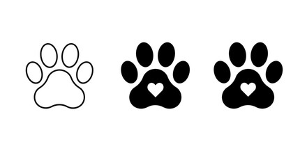 Cute Paw Print Icons with Heart – Pet Love Footprint Silhouettes