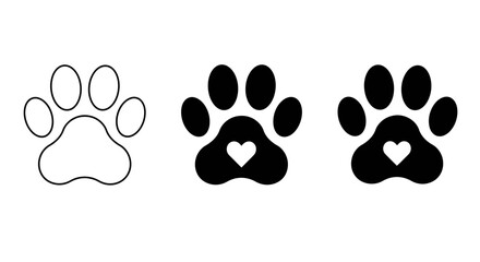 Cute Paw Print Icons with Heart – Pet Love Footprint Silhouettes © pixelartis