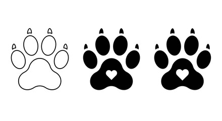 Cute Paw Print Icons with Heart – Pet Love Footprint Silhouettes