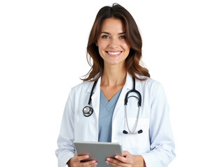 Friendly Young Female Doctor Holding Tablet and Smiling PNG