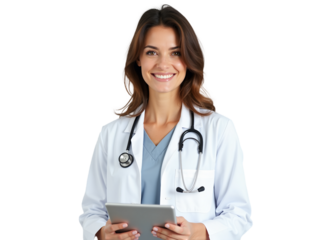 Friendly Young Female Doctor Holding Tablet and Smiling PNG