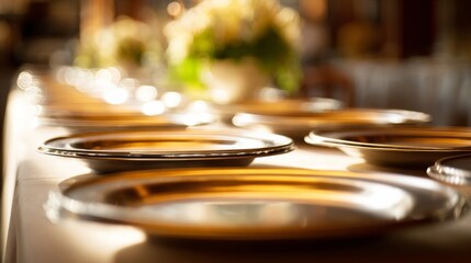 Obraz premium Elegant table setting with beautifully arranged plates ready for a prestigious dinner party,