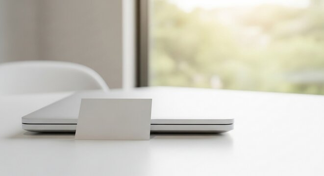 Business card resting on a closed laptop near a bright window in a modern office space suggests professionalism and connection.