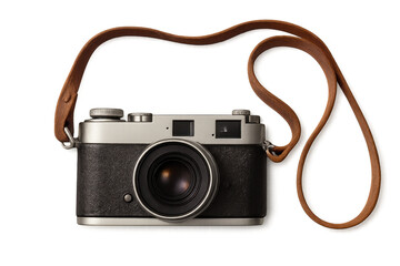 Vintage analog rangefinder camera with leather strap