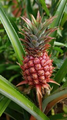 Obraz premium A close-up view of a vibrant, ripe pineapple with spiky leaves