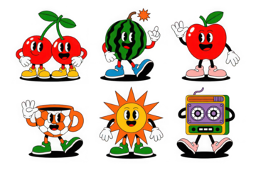 Six retro cartoon characters including fruits sun and cassette player isolated on transparent background