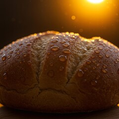 Freshly baked bread with dew drops in warm light.