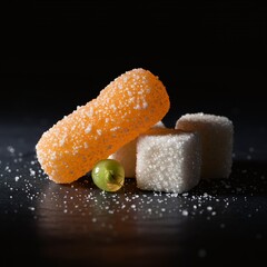 Sugar-Coated Candies and Cubes on Dark Background.