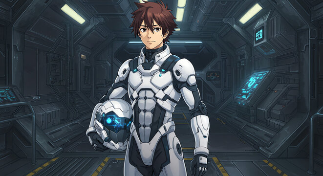 Anime character in futuristic armor interior - Powered by Adobe